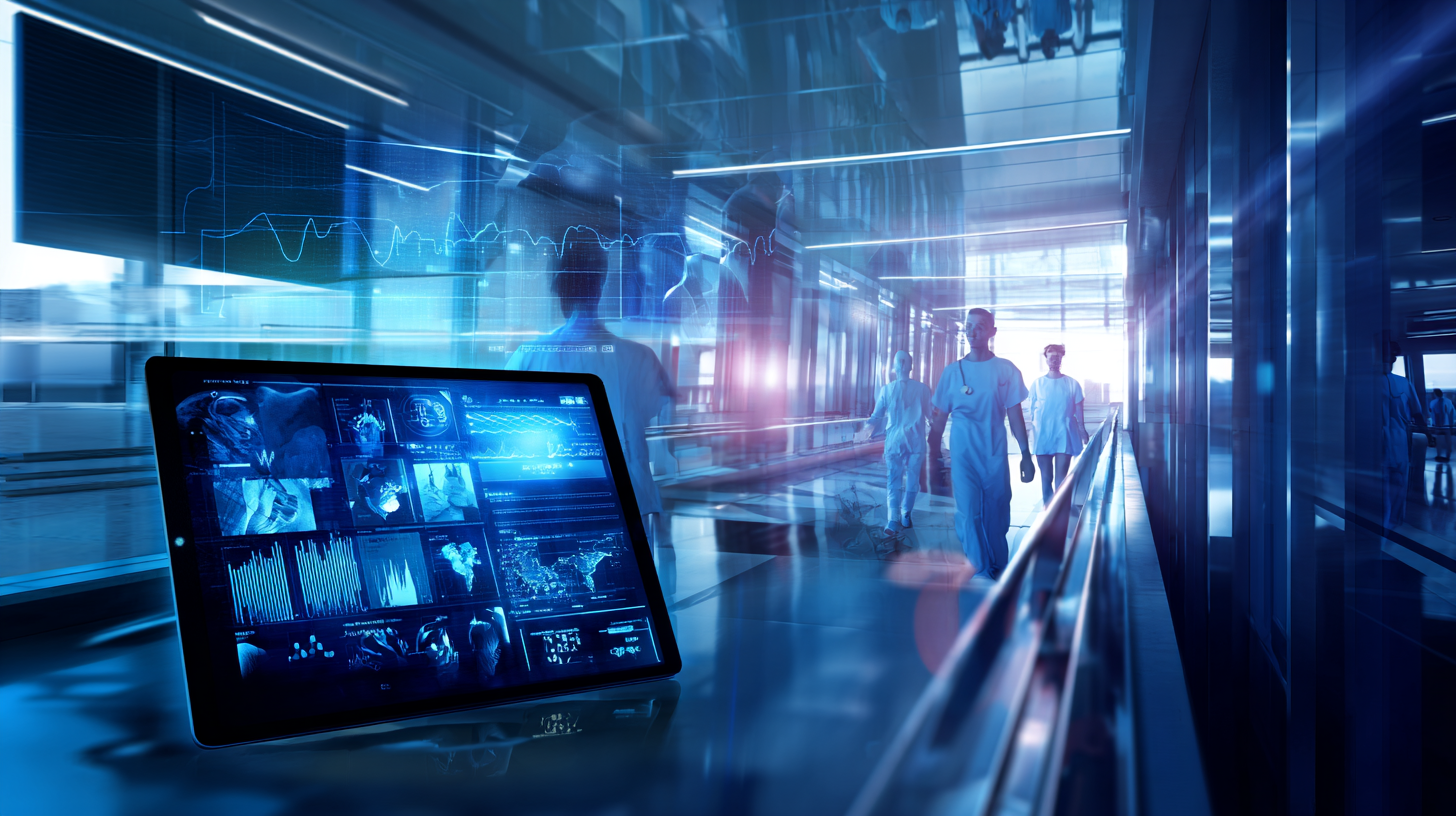 Futuristic hospital corridor with sleek stainless steel surfaces and connected environmental systems