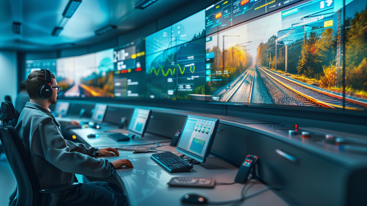 Modern railway operations center with engineers monitoring real-time data