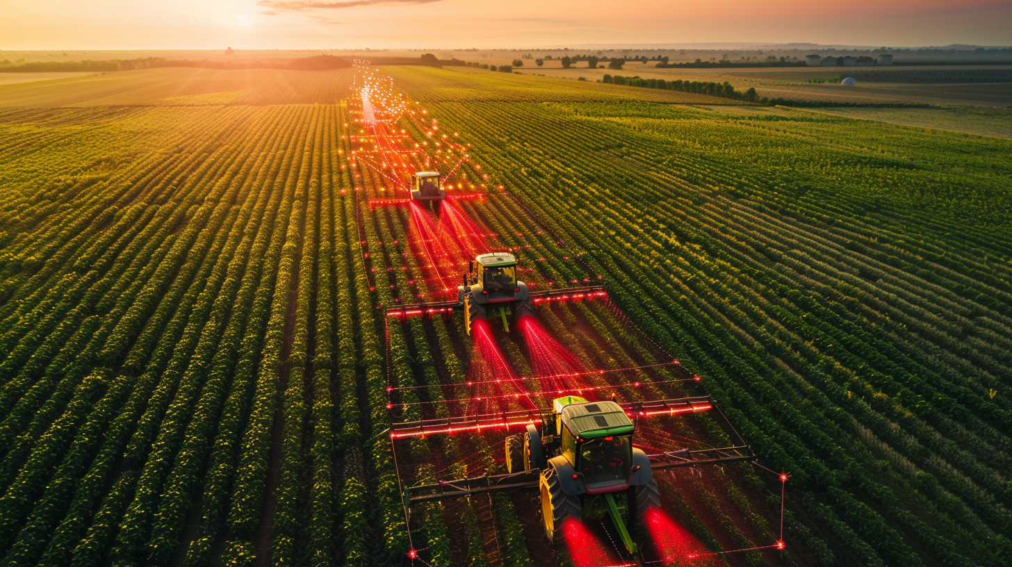 Aerial view of tractors operating in wide farmland fields