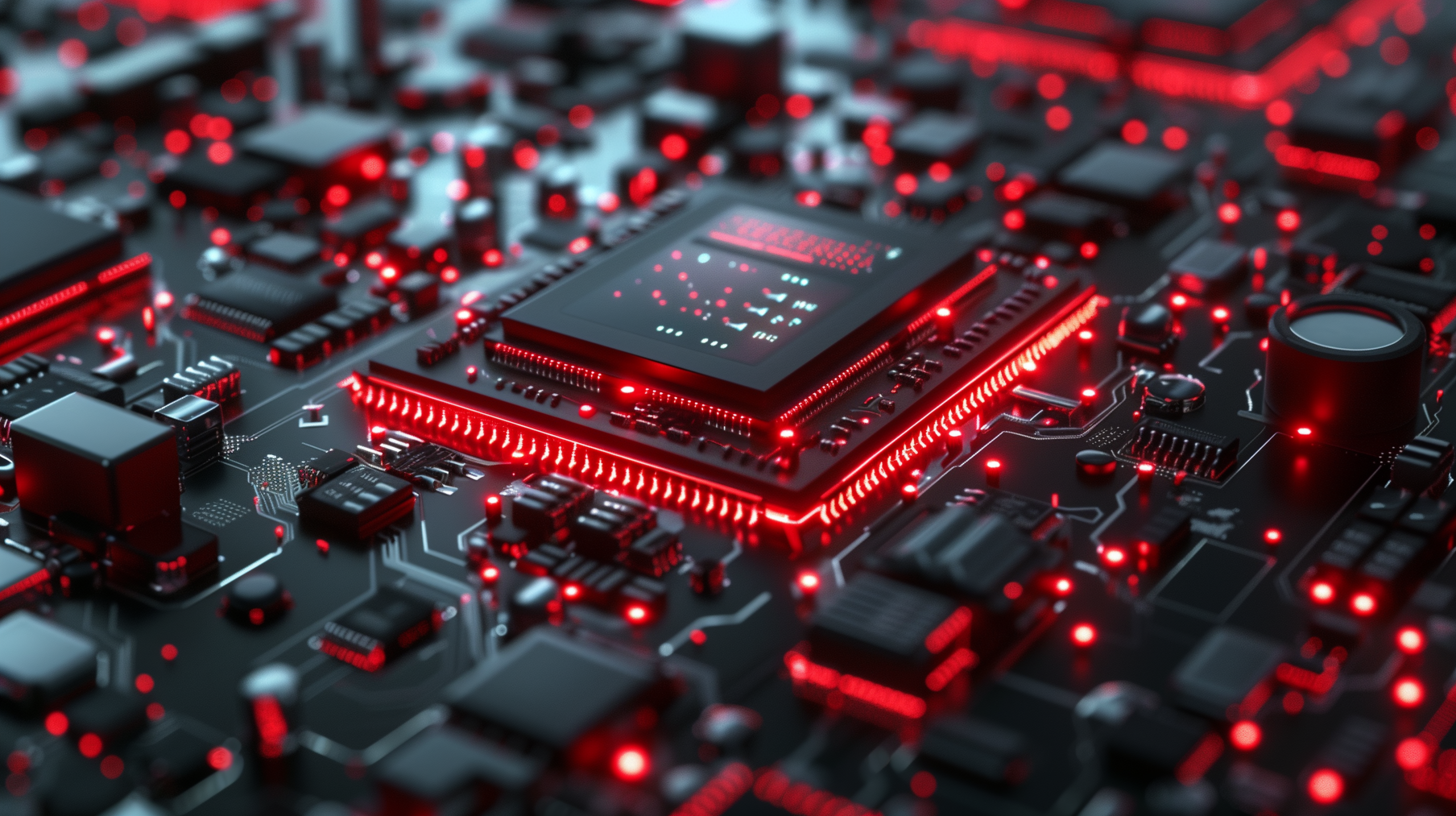 Extreme macro shot of a next-generation microprocessor &mdash; the compute substrate at the heart of every Sizzle Edge AI deployment