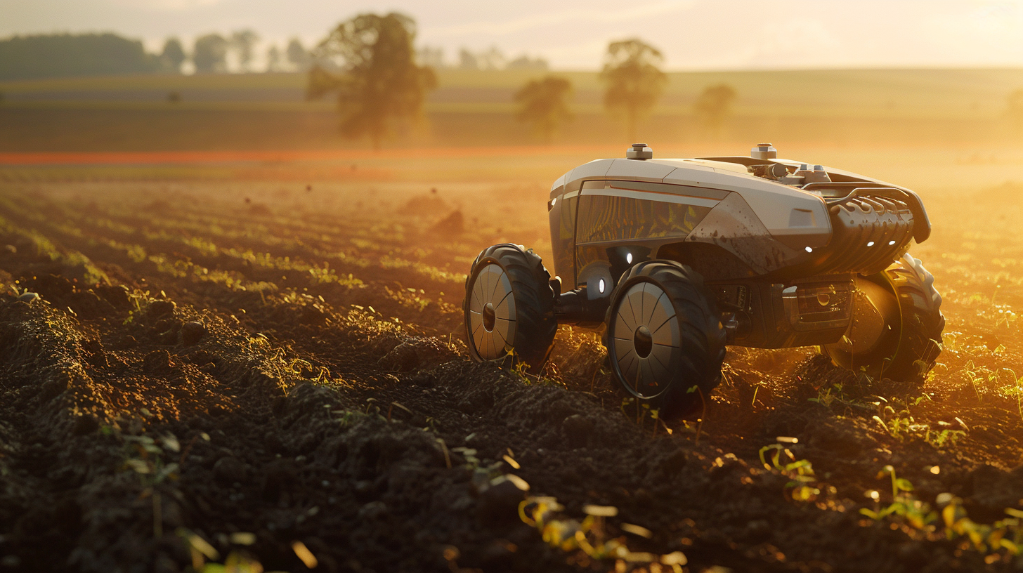 High-tech autonomous farming vehicle analyzing crop conditions