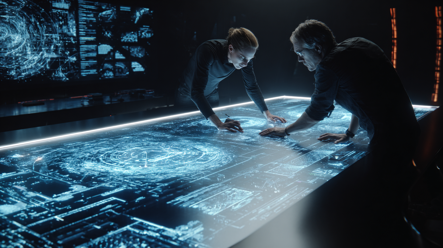 Cinematic holographic blueprint of connected systems &mdash; Sizzle Edge AI orchestrating cameras, sensors, screens, and networked devices already deployed across a venue