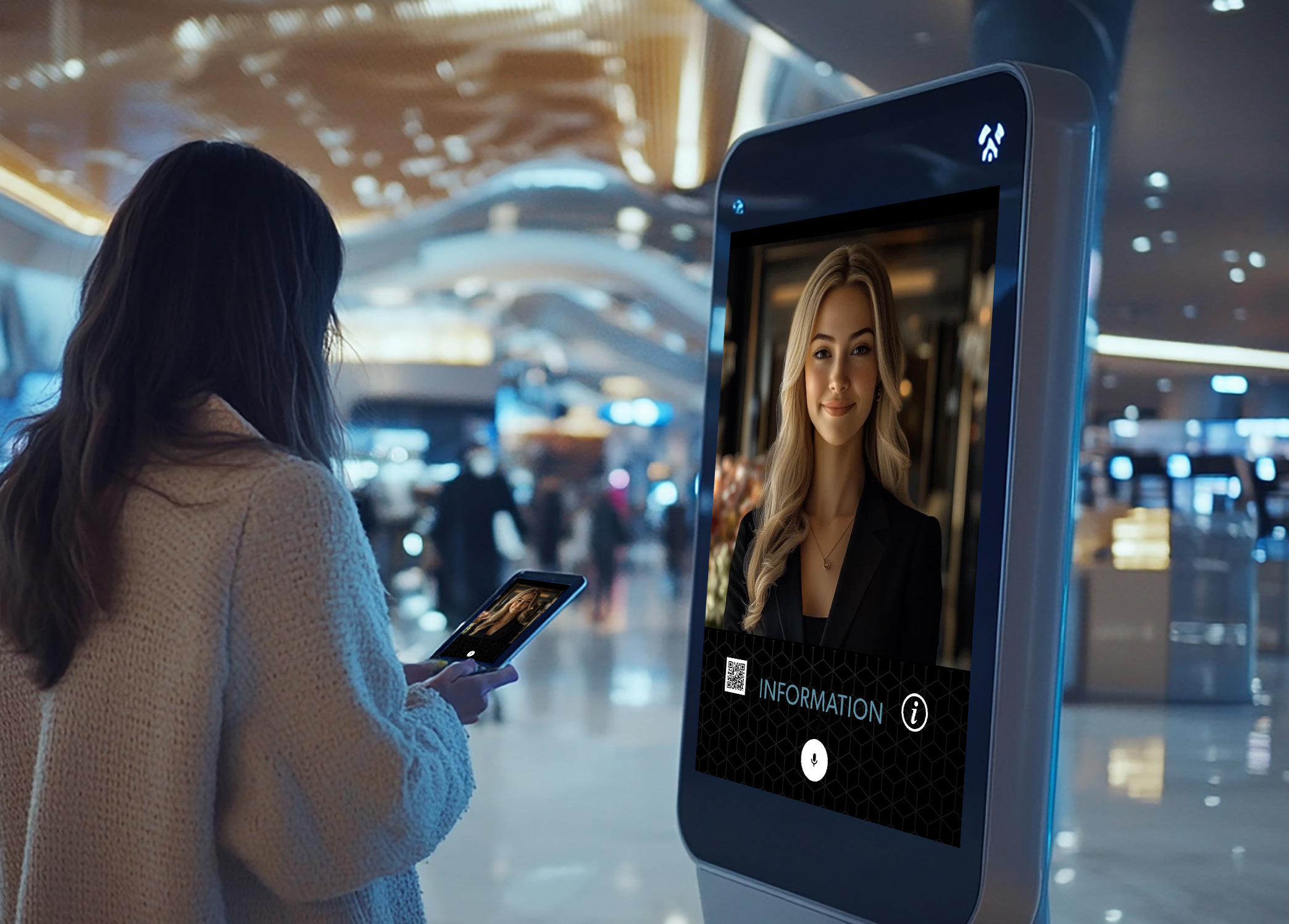 Airport kiosk with EdgeBox sensing alongside Ava, the Sizzle Synth Human, while a traveler continues via Experience Pass on her phone