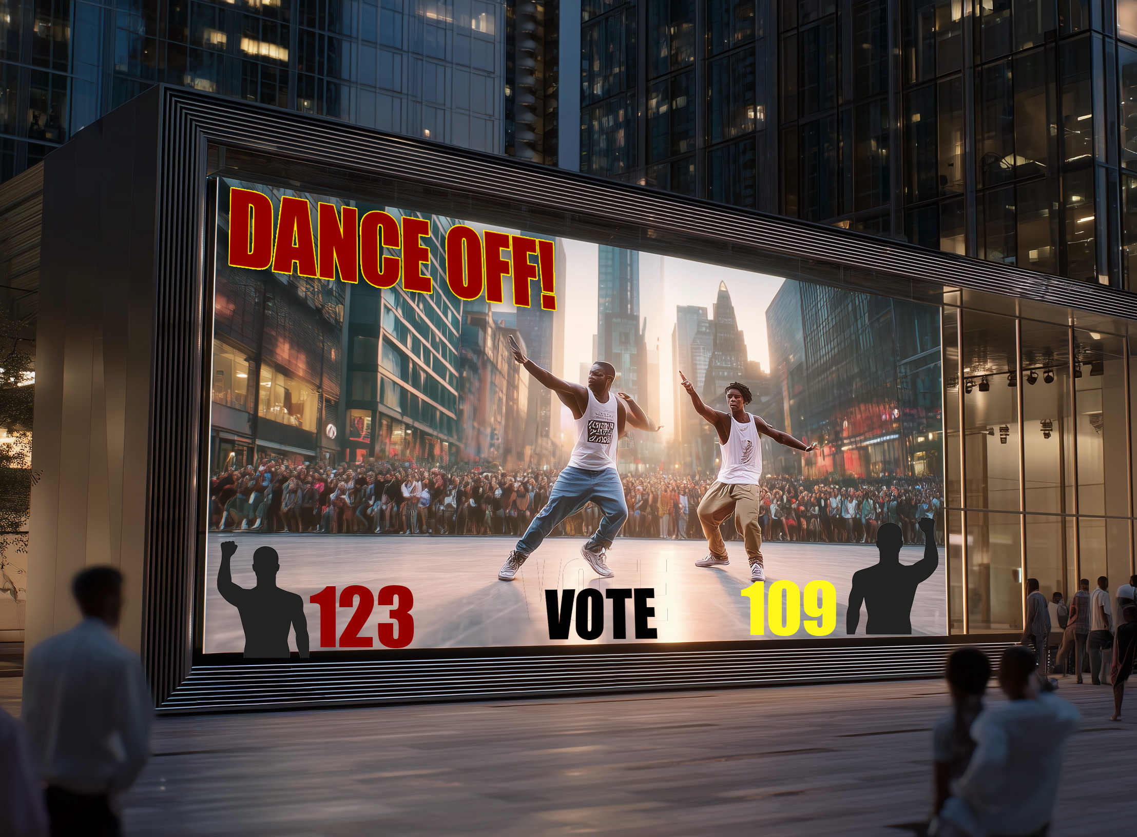 Interactive outdoor billboard: two people dance-battling in a plaza, the screen mirroring their poses with live vote counts