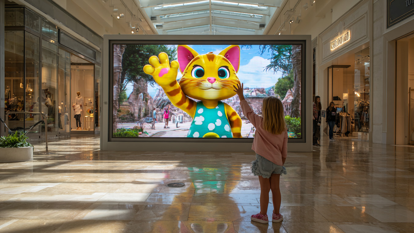 A young girl in a mall lobby raises her hand at a giant screen showing a friendly orange cat mirroring her wave — the screen watching back in real time
