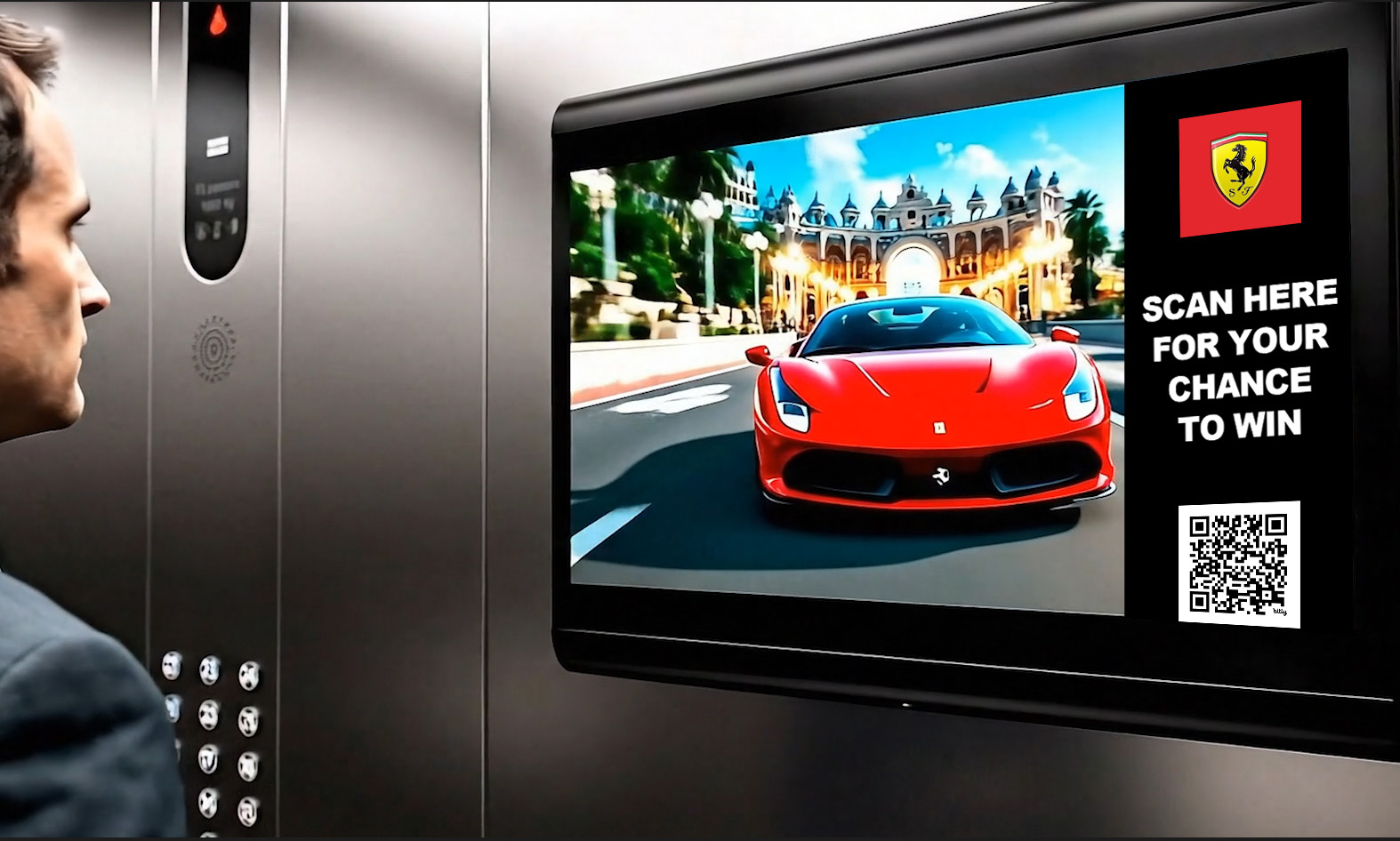 Executive in an elevator with a small in-cabin display running a luxury automotive scan-to-win activation