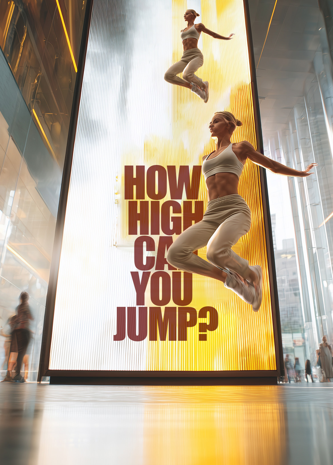 Tall vertical interactive billboard inviting passersby to jump in front of the camera, athletes leaping on the screen