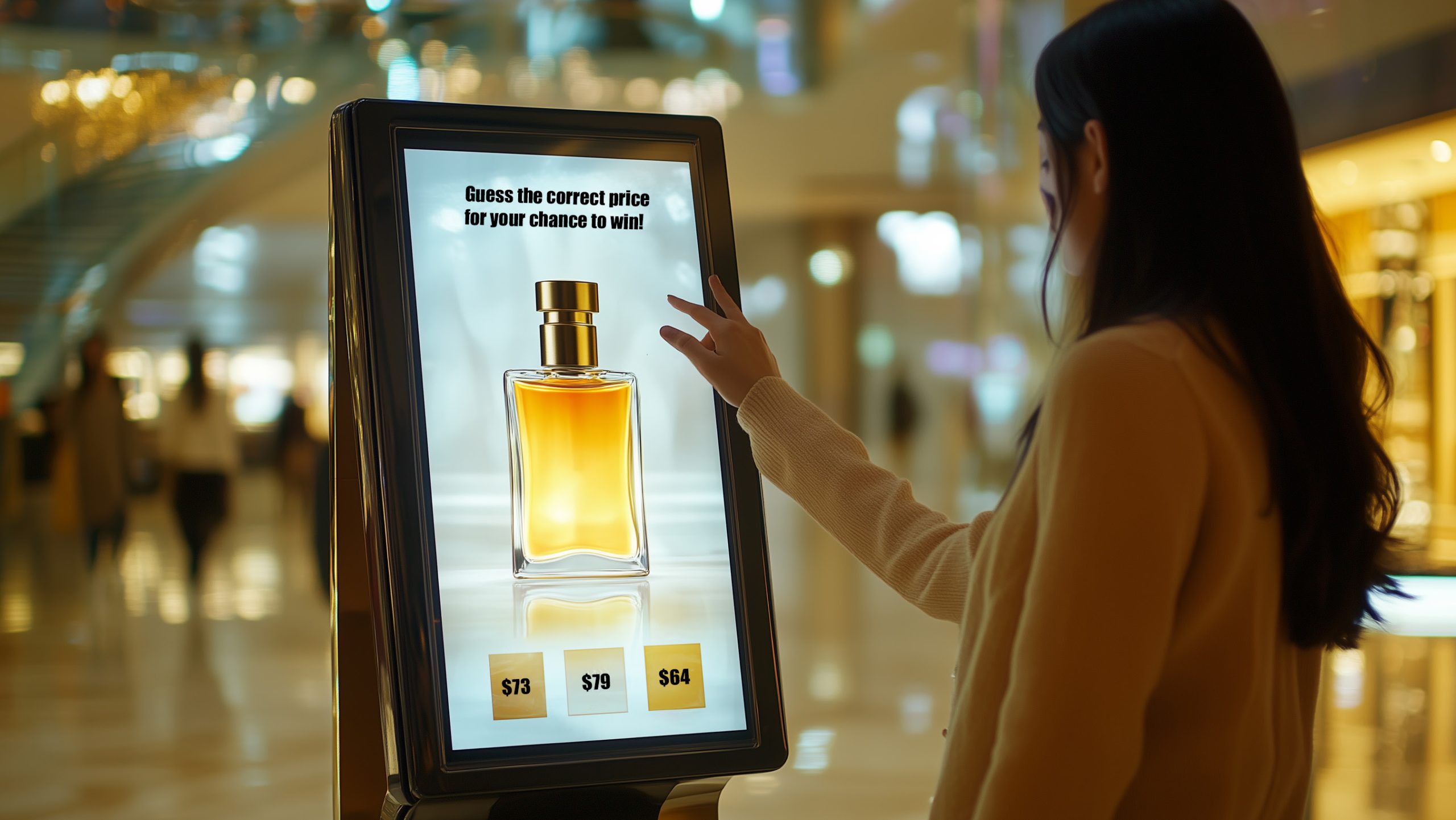 Mall kiosk: a woman interacting with a touchless guess-the-price brand activation