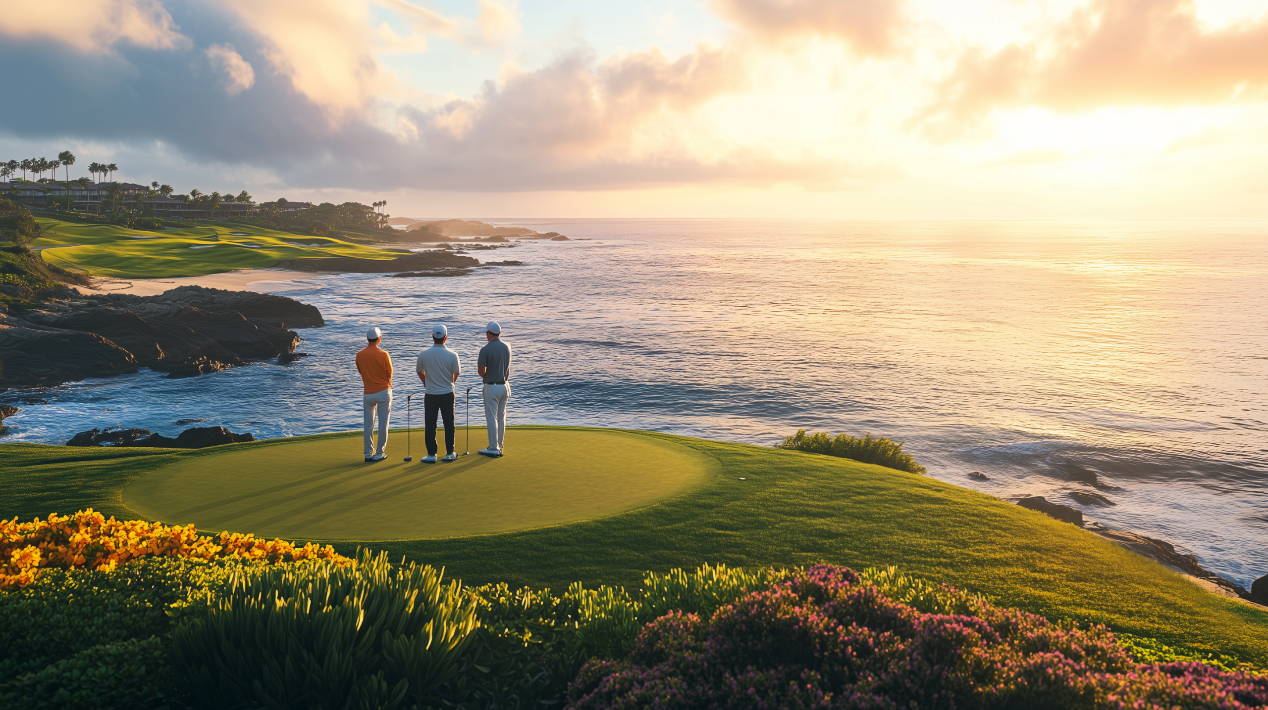 Premium golfers walking a championship course at sunset