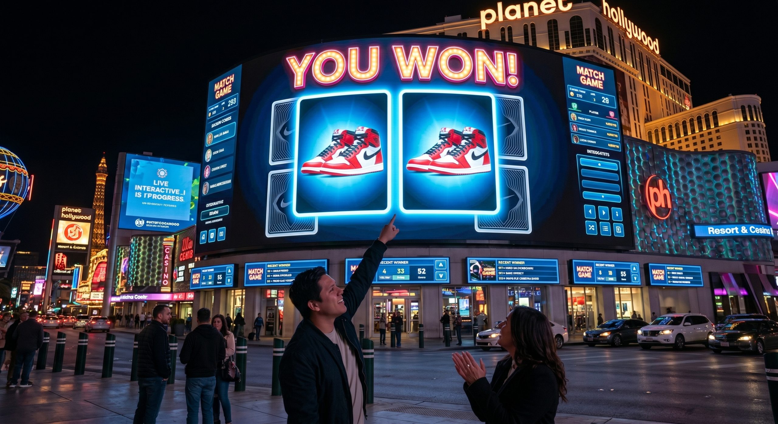 Las Vegas Strip curved billboard running a live match game with two matching sneakers and a 'YOU WON!' headline