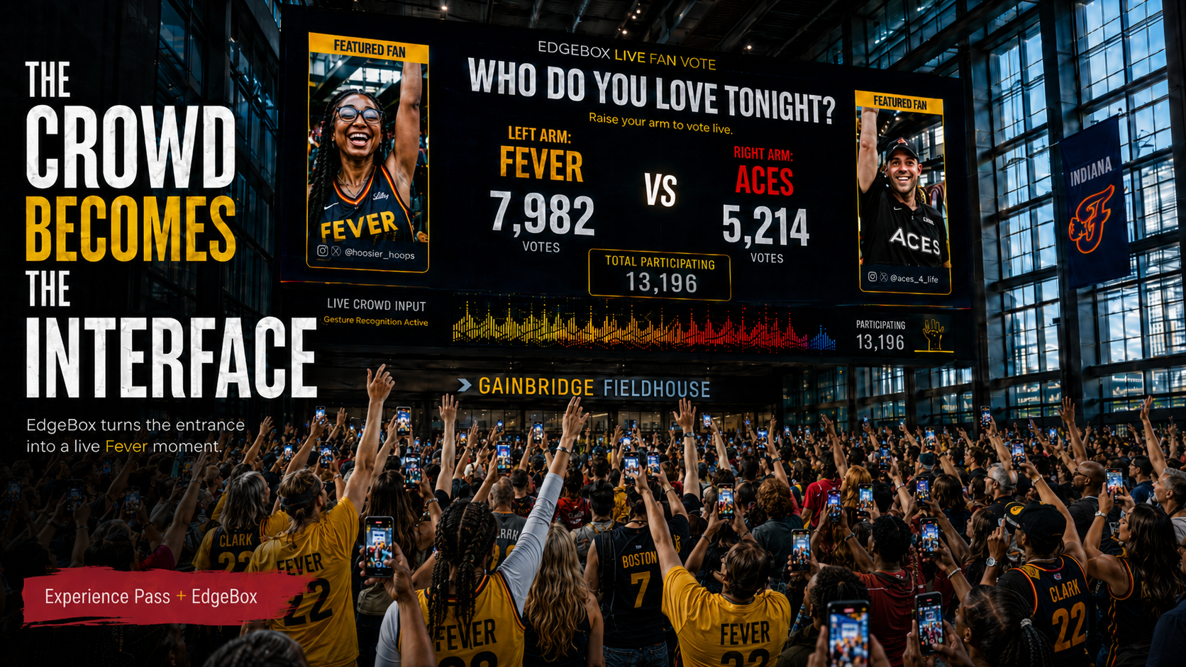EdgeBox WNBA activation at Gainbridge Fieldhouse — live fan vote 'Who Do You Love Tonight?' Fever vs Aces, crowd holding phones up