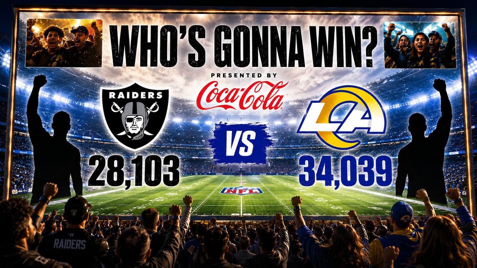 Stadium billboard: 'Who's Gonna Win?' live fan vote — Raiders vs Rams — presented by Coca-Cola, with a tailgate crowd cheering