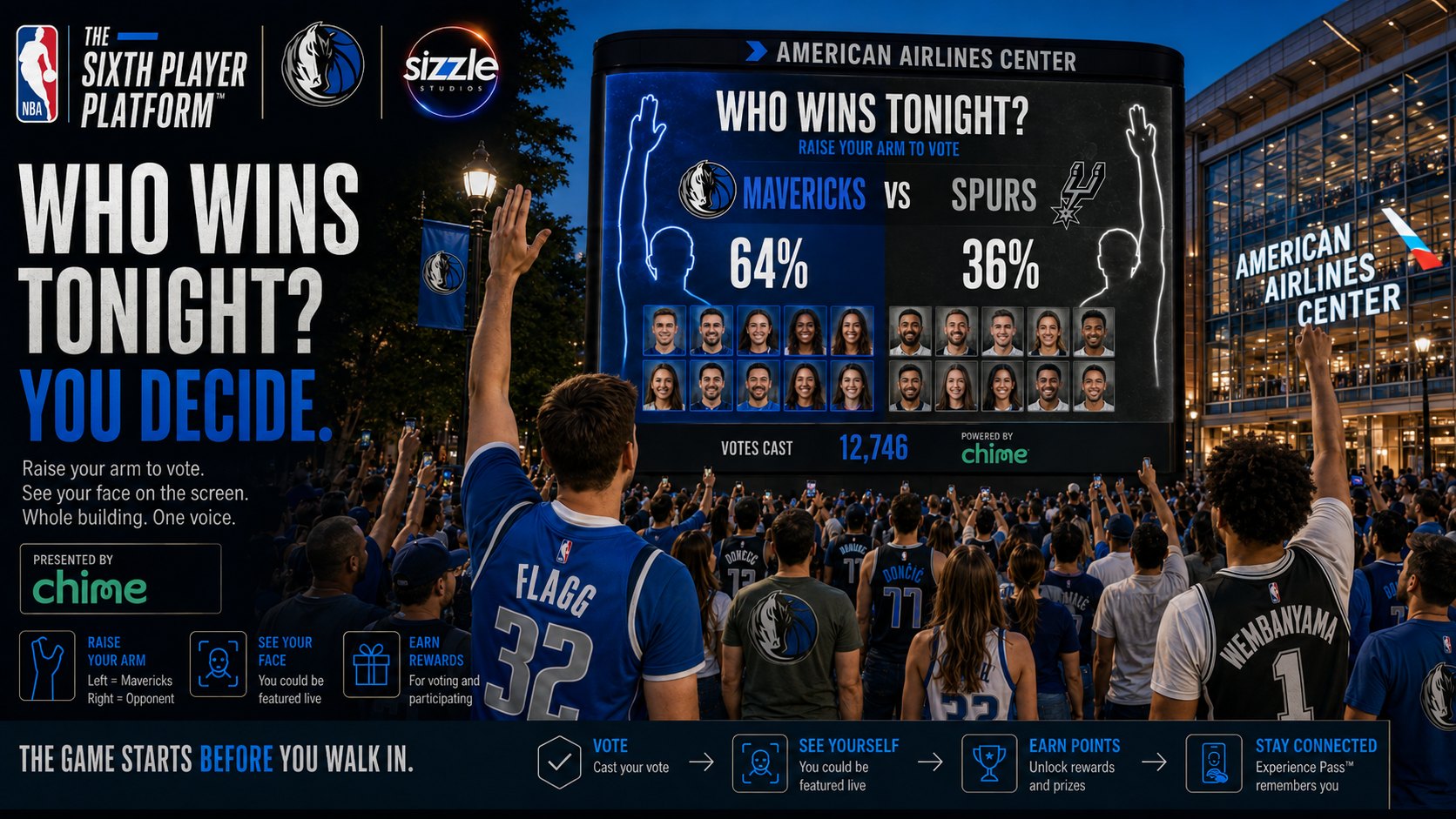 EdgeBox at American Airlines Center: the Sixth Player Platform live fan vote, Mavericks vs Spurs, fans raising their arms to vote