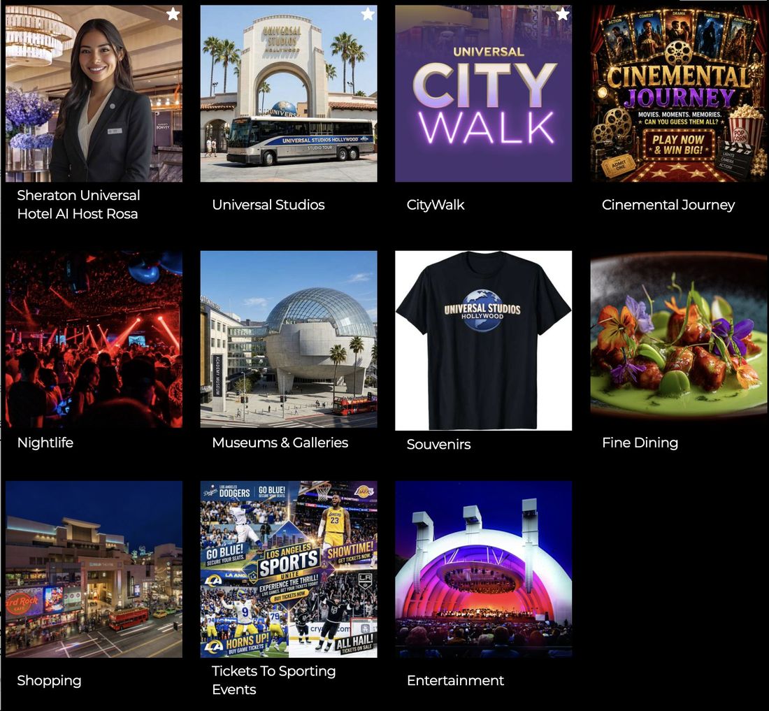 Rosa’s Experience Pass: Sheraton Universal Hotel AI Host Rosa, Universal Studios, CityWalk, Cinemental Journey, nightlife, museums and galleries, souvenirs, fine dining, shopping, tickets to sporting events and entertainment