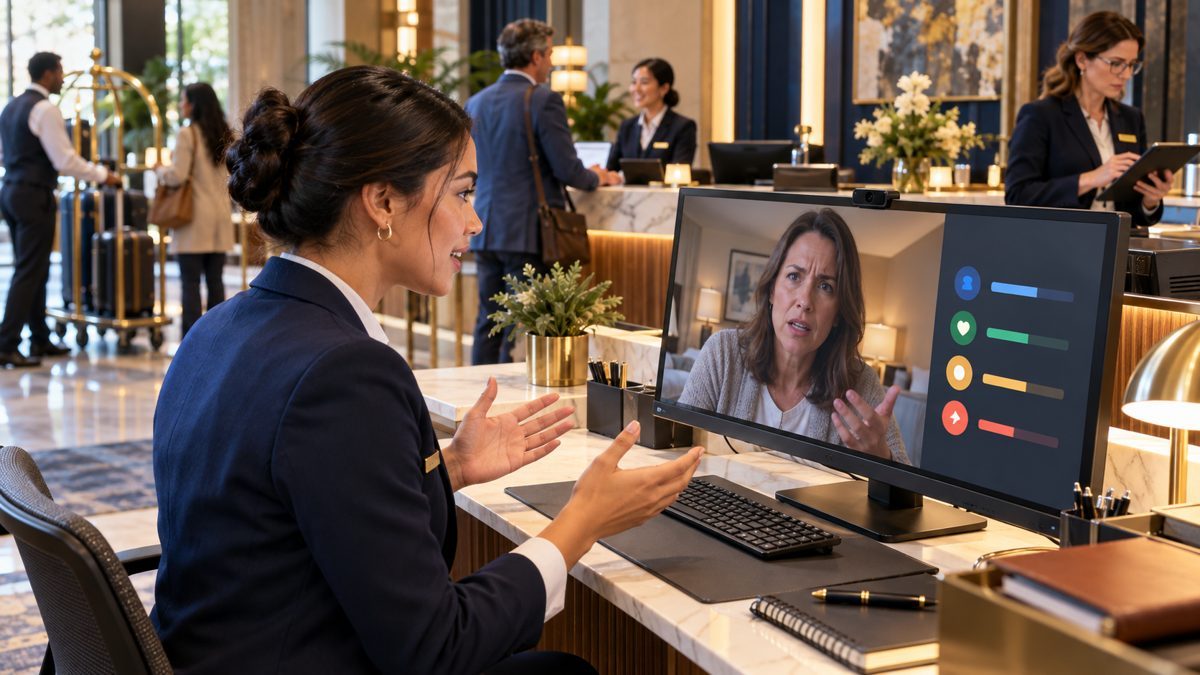 A front desk agent practicing with a difficult guest played by a Synth Human