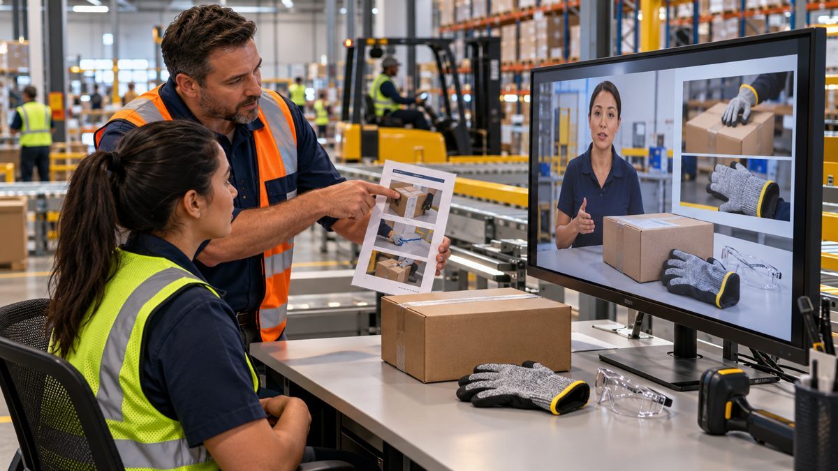 A warehouse team reviewing a lesson with a Synth Human instructor